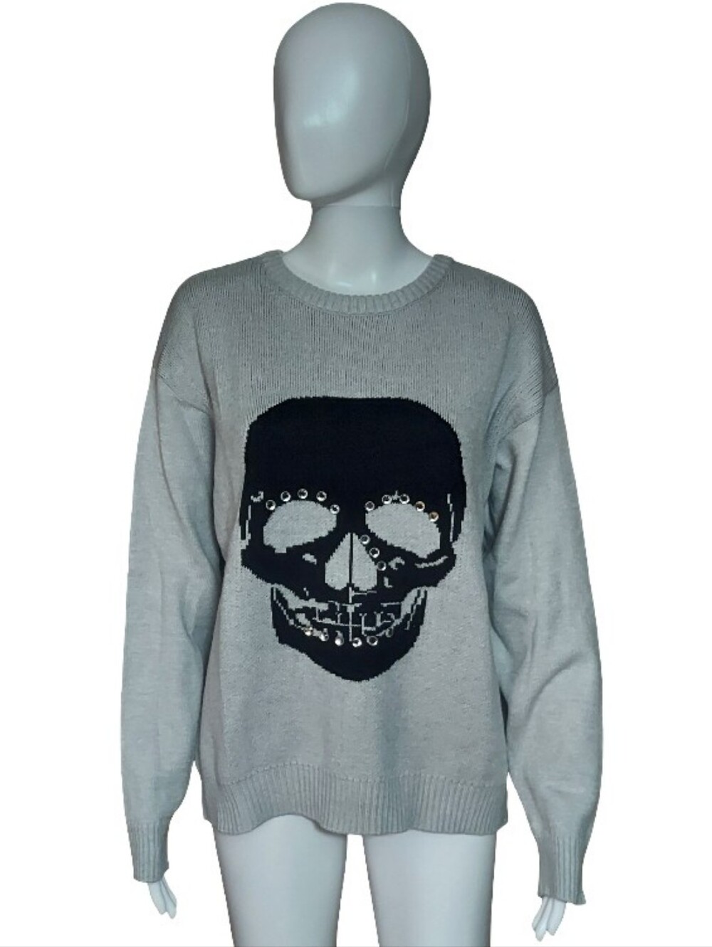 Vigoss Crew Neck Crystal Studded Skull Sweater